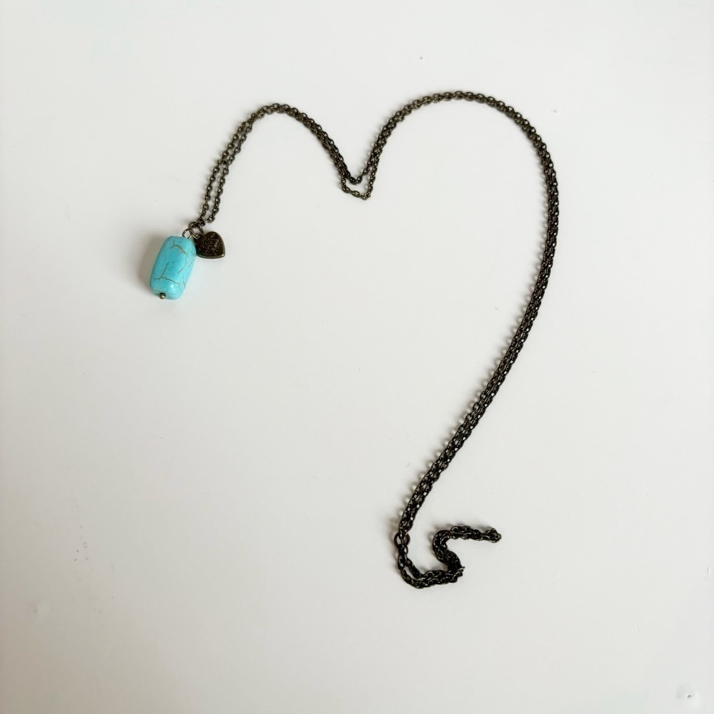 Genuine Turquoise Drop Pendant Bronze Tone Chain